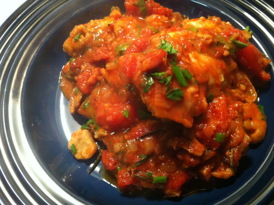 Braised chicken with tomatoes, porcini mushrooms and pancetta