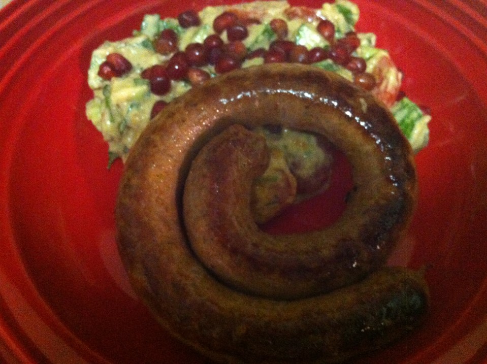 Merguez sausage and roasted eggplant salad with pomegranate